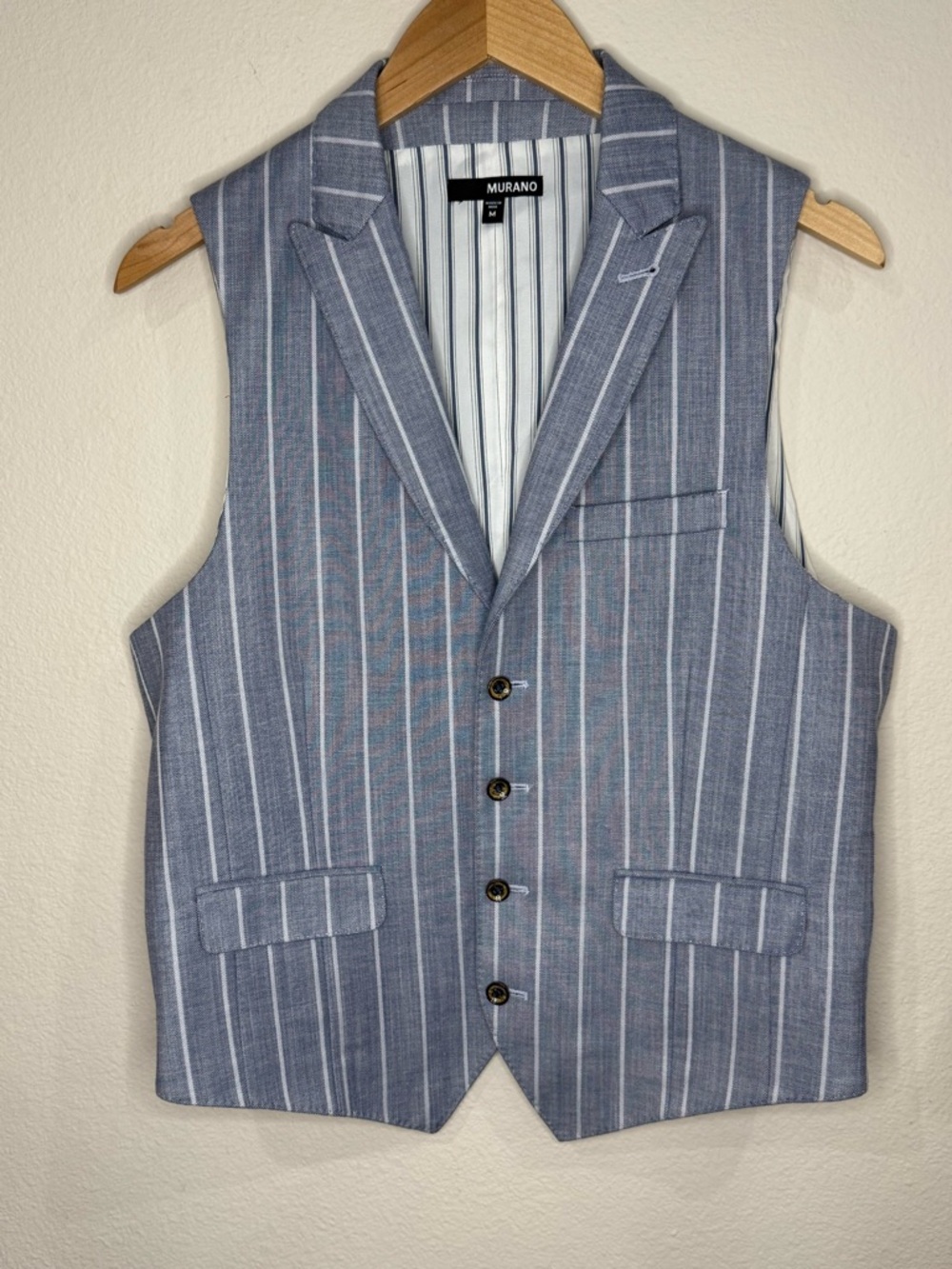 Murano Pinstripe Vest Light Blue Notched Lapels Linen Blend Men’s Size Medium
